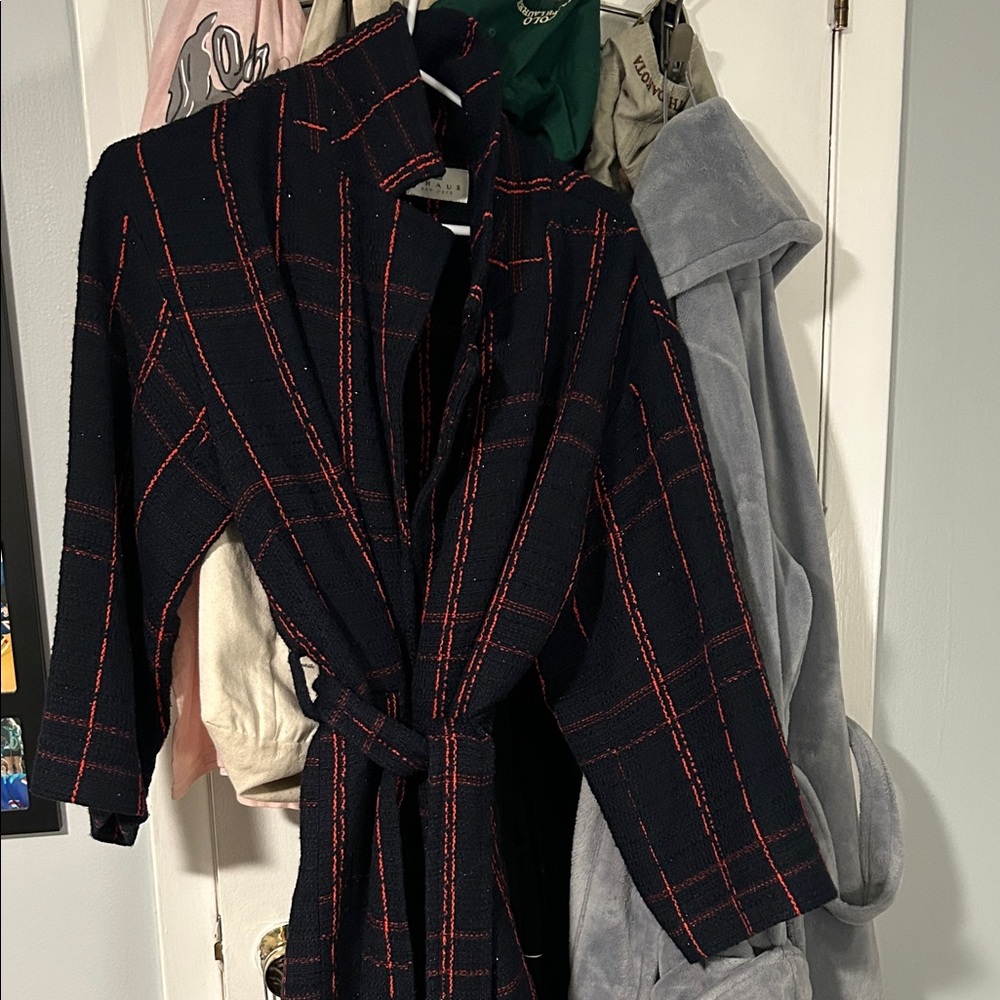 Chaus Black and Red Plaid Trench Coat